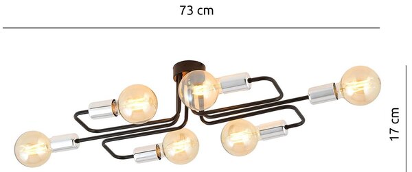 Plafoniera Industriale 6 Luci Tidide In Acciao Nero E Cromo A Bracci