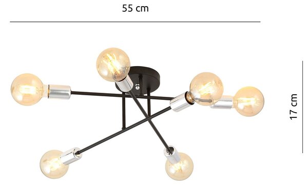 Plafoniera Industriale 6 Luci Tidide In Acciao Nero E Cromo Bracci Dritti