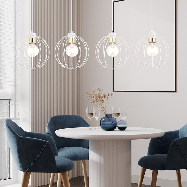 Sospensione Industrial 4 Luci Tiwaz Acciaio Bianco A Paralumi Gabbia Con Oro