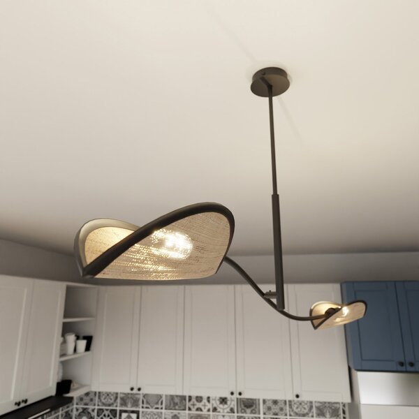 Sospensione Nordica 2 Luci Marte Acciaio E Rattan Con Bracci Regolabili