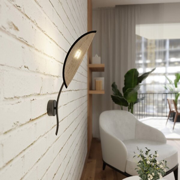 Applique Nordica 1 Luce Marte In Acciaio Nero E Rattan