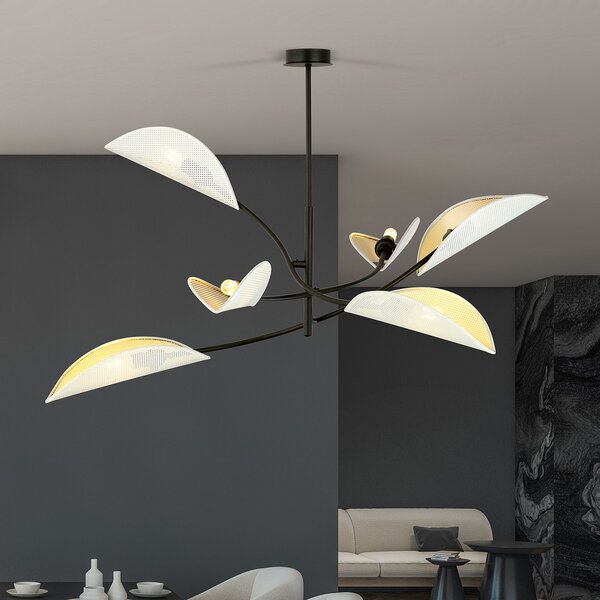 Sospensione Nordica 6 Luci Marte Acciaio Nero Bianco E Oro Bracci Regolabili