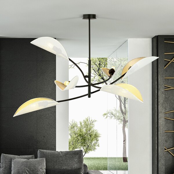 Sospensione Nordica 6 Luci Marte Acciaio Nero Bianco E Oro Bracci Regolabili