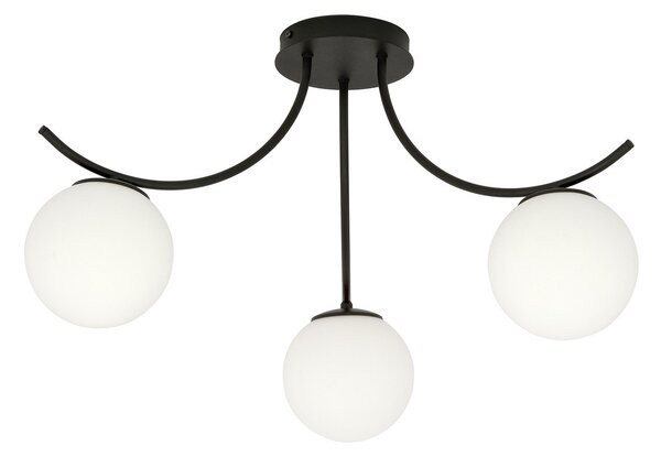 Plafoniera Moderna 3 Luci Polus Acciaio Nero E Diffusori In Vetro Opale