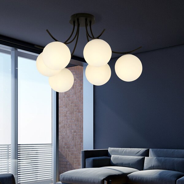Plafoniera Moderna 6 Luci Polus Acciaio Nero E Diffusori In Vetro Opale
