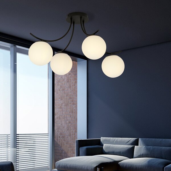 Plafoniera Moderna 4 Luci Polus Acciaio Nero E Diffusori In Vetro Opale