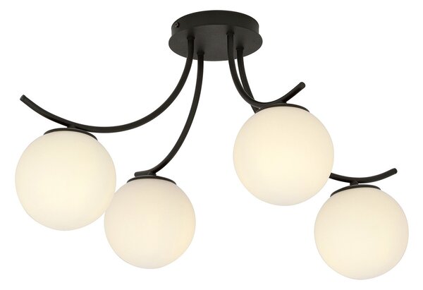 Plafoniera Moderna 4 Luci Polus Acciaio Nero E Diffusori In Vetro Opale