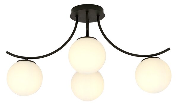Plafoniera Moderna 4 Luci Polus Acciaio Nero E Diffusori In Vetro Opale