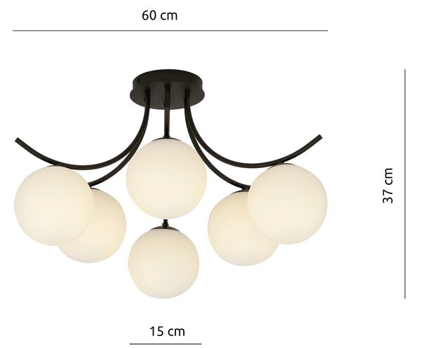 Plafoniera Moderna 6 Luci Polus Acciaio Nero E Diffusori In Vetro Opale