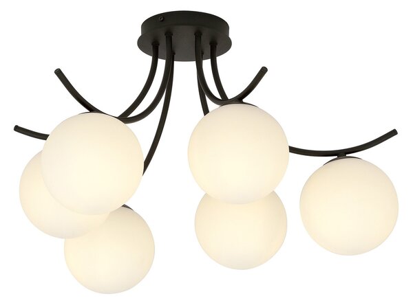 Plafoniera Moderna 6 Luci Polus Acciaio Nero E Diffusori In Vetro Opale