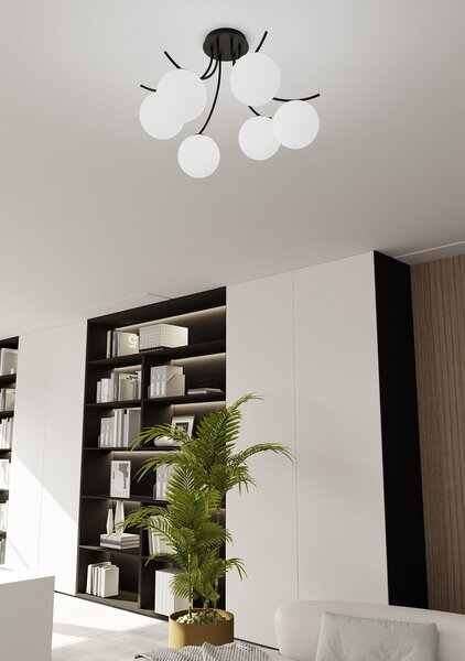 Plafoniera Moderna 6 Luci Polus Acciaio Nero E Diffusori In Vetro Opale