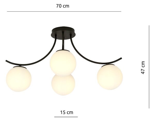 Plafoniera Moderna 4 Luci Polus Acciaio Nero E Diffusori In Vetro Opale