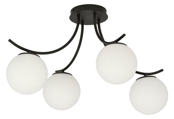 Plafoniera Moderna 4 Luci Polus Acciaio Nero E Diffusori In Vetro Opale