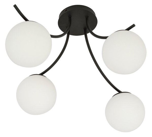 Plafoniera Moderna 4 Luci Polus Acciaio Nero E Diffusori In Vetro Opale