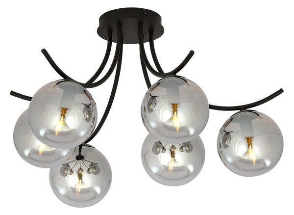 Plafoniera Moderna 6 Luci Polus Acciaio Nero E Diffusori In Vetro Fumè