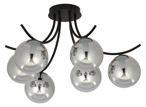 Plafoniera Moderna 6 Luci Polus Acciaio Nero E Diffusori In Vetro Fumè