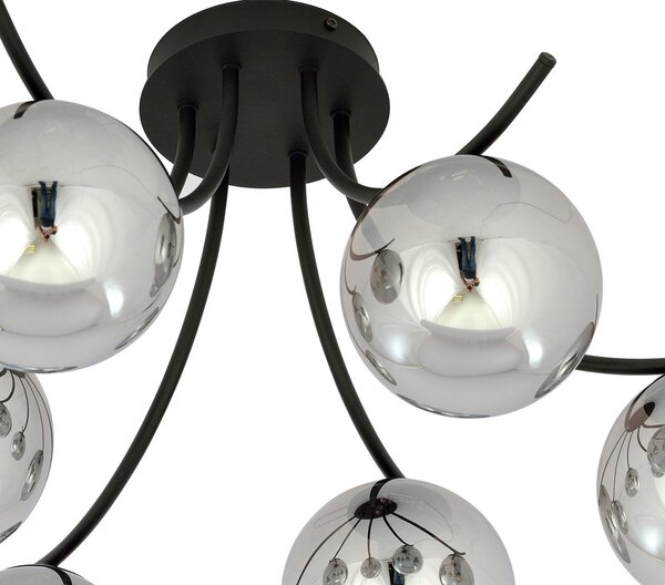 Plafoniera Moderna 6 Luci Polus Acciaio Nero E Diffusori In Vetro Fumè