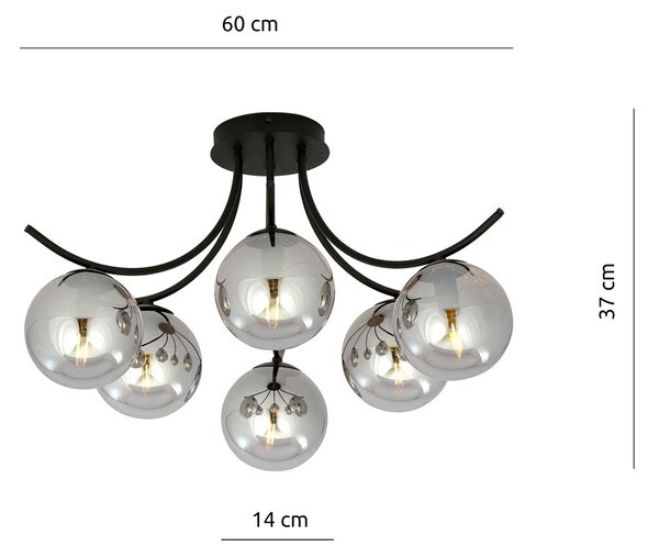 Plafoniera Moderna 6 Luci Polus Acciaio Nero E Diffusori In Vetro Fumè
