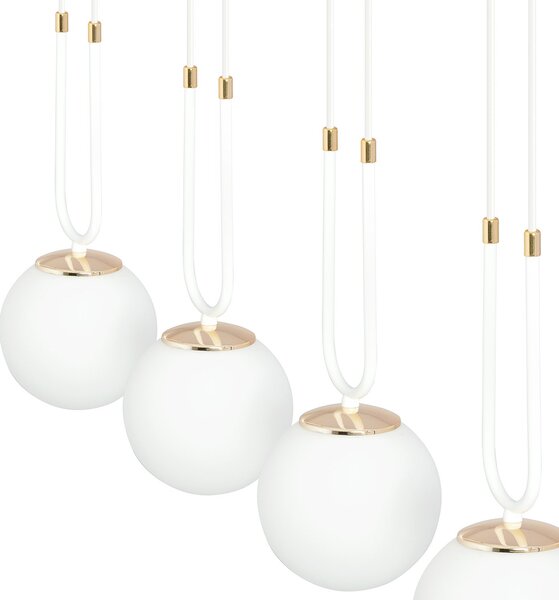 Sospensione Contemporanea 3 Luci Kreios Acciaio Bianco Oro Sfervetro Opalino