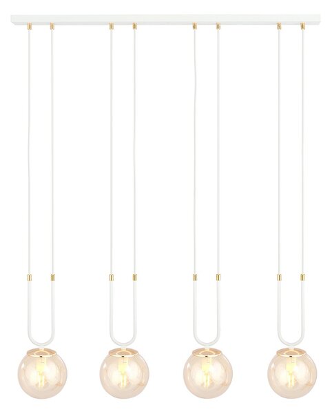 Sospensione Contemporanea 4 Luci Kreios Acciaio Bianco Oro Sfera Vetro Ambra