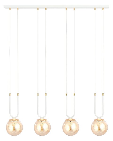Sospensione Contemporanea 4 Luci Kreios Acciaio Bianco Oro Sfera Vetro Ambra