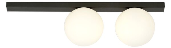 Plafoniera Moderna 2 Luci Lapetos Barra Acciaio Nero E Sfere Di Vetro Opale
