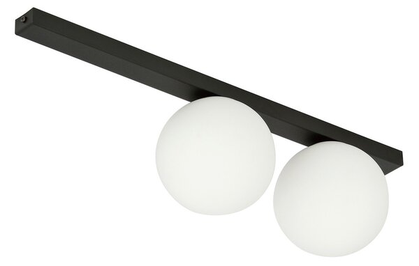Plafoniera Moderna 2 Luci Lapetos Barra Acciaio Nero E Sfere Di Vetro Opale
