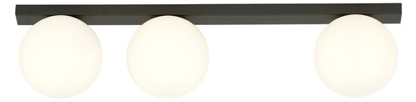 Plafoniera Moderna 3 Luci Lapetos Barra Acciaio Nero E Sfere Di Vetro Opale