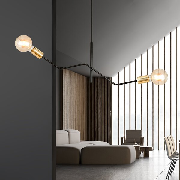 Sospensione Industrial 2 Luci Sugu Acciaio Nero E Oro Bracci Regolabili