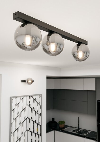 Plafoniera Moderna 3 Luci Lapetos Barra Acciaio Nero E Sfere Di Vetro Fumè