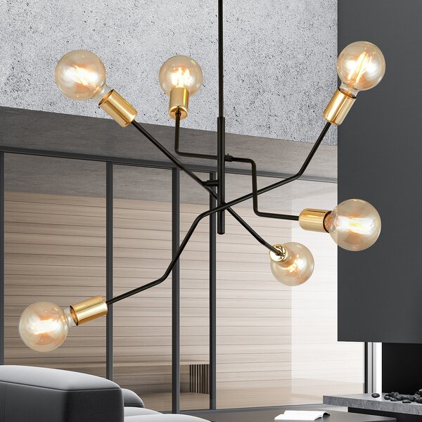 Sospensione Industrial 6 Luci Sugu Acciaio Nero E Oro Bracci Regolabili