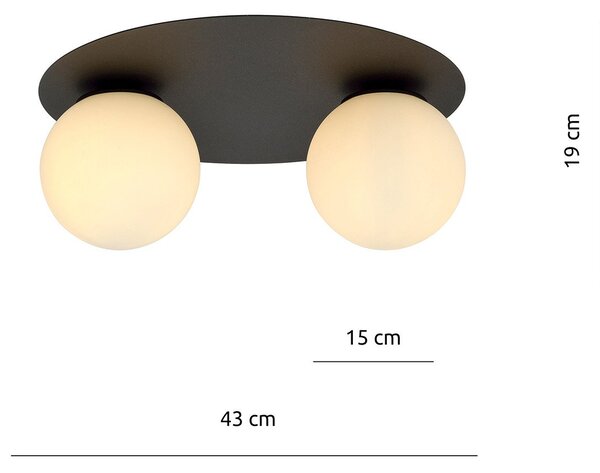 Plafoniera Minimal 2 Luci Orpheus Acciaio Nero E Sfere Di Vetro Opale