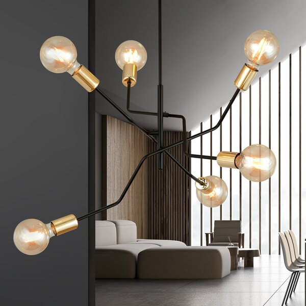 Sospensione Industrial 6 Luci Sugu Acciaio Nero E Oro Bracci Regolabili