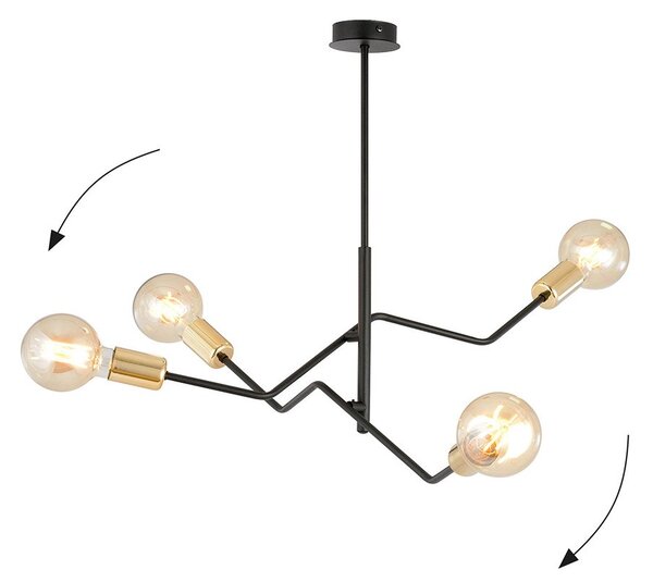 Sospensione Industrial 4 Luci Sugu Acciaio Nero E Oro Bracci Regolabili