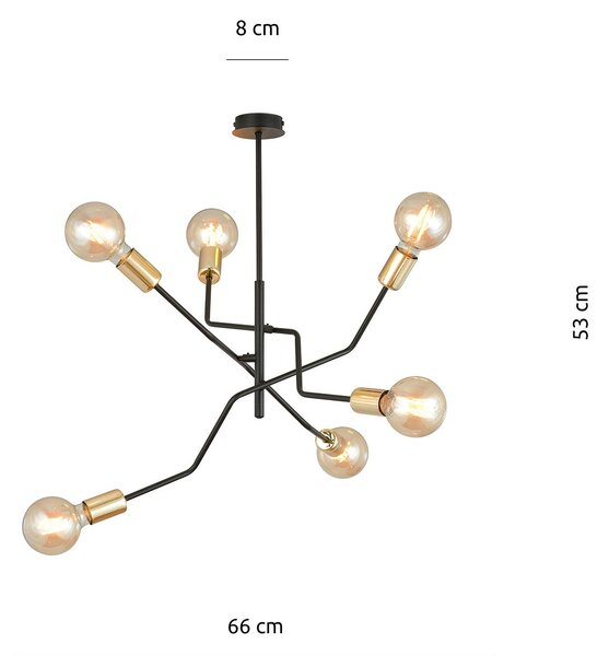 Sospensione Industrial 6 Luci Sugu Acciaio Nero E Oro Bracci Regolabili