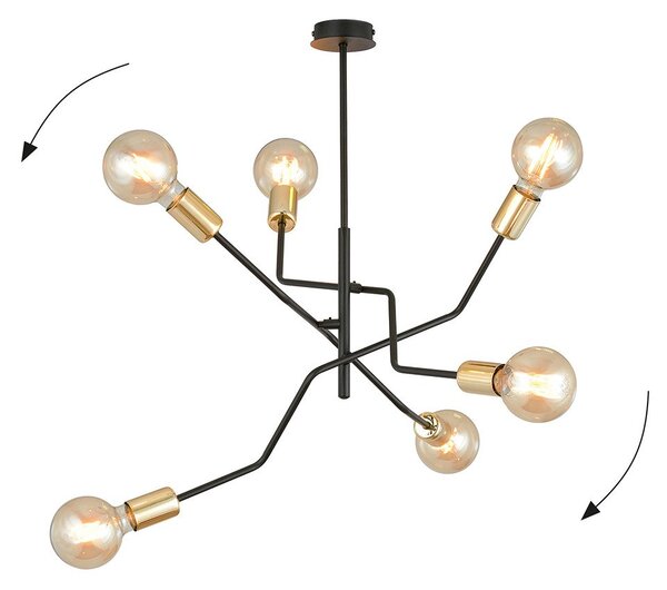Sospensione Industrial 6 Luci Sugu Acciaio Nero E Oro Bracci Regolabili