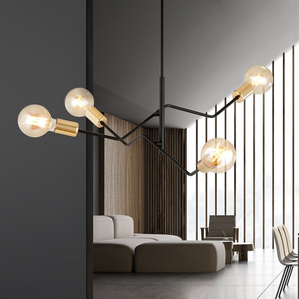 Sospensione Industrial 4 Luci Sugu Acciaio Nero E Oro Bracci Regolabili