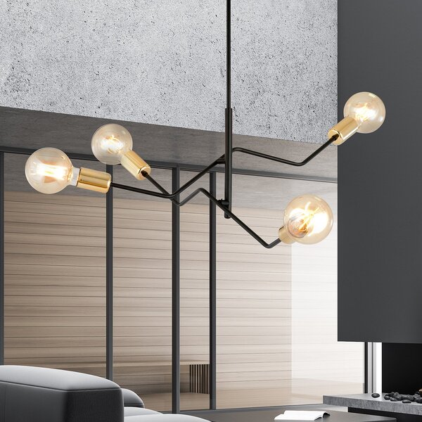Sospensione Industrial 4 Luci Sugu Acciaio Nero E Oro Bracci Regolabili