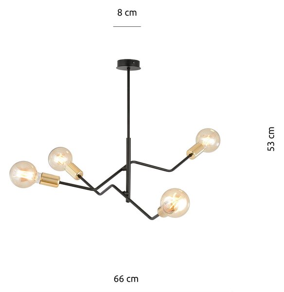 Sospensione Industrial 4 Luci Sugu Acciaio Nero E Oro Bracci Regolabili