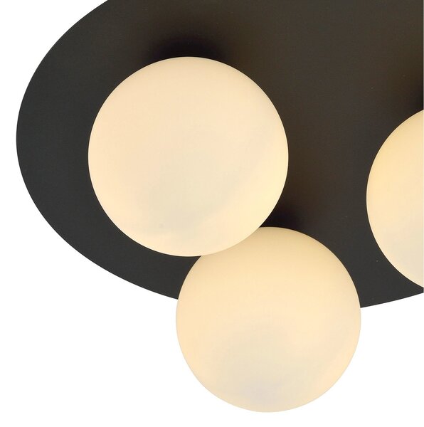 Plafoniera Minimal 3 Luci Orpheus Acciaio Nero E Sfere Di Vetro Opale