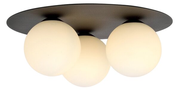 Plafoniera Minimal 3 Luci Orpheus Acciaio Nero E Sfere Di Vetro Opale
