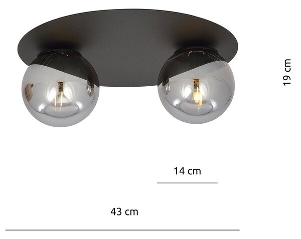 Plafoniera Minimal 2 Luci Orpheus Acciaio Nero E Sfere Di Vetro Fumè