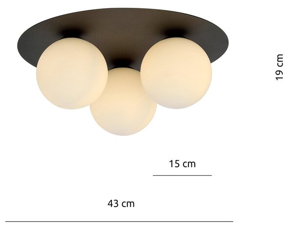 Plafoniera Minimal 3 Luci Orpheus Acciaio Nero E Sfere Di Vetro Opale
