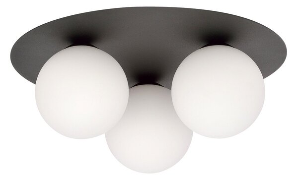 Plafoniera Minimal 3 Luci Orpheus Acciaio Nero E Sfere Di Vetro Opale