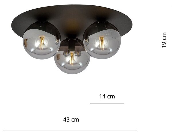 Plafoniera Minimal 3 Luci Orpheus Acciaio Nero E Sfere Di Vetro Fumè