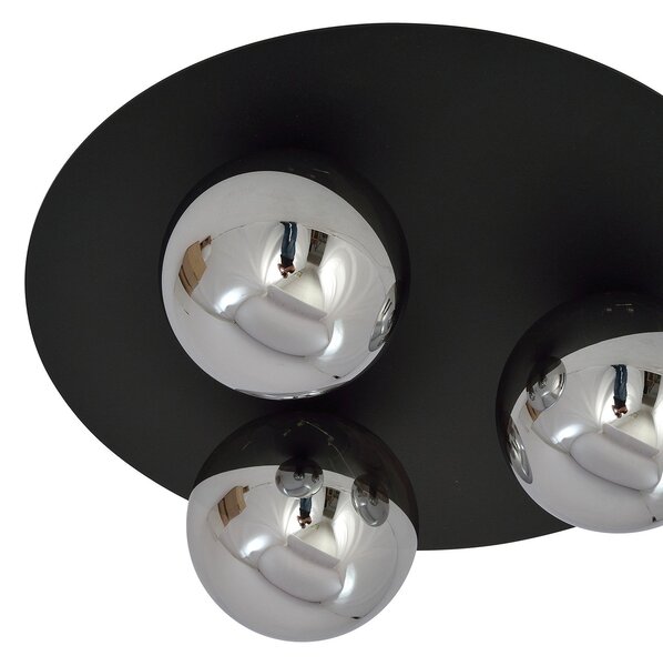 Plafoniera Minimal 3 Luci Orpheus Acciaio Nero E Sfere Di Vetro Fumè
