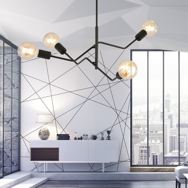 Sospensione Industrial 4 Luci Titanide In Acciaio Nero E Bracci Regolabili