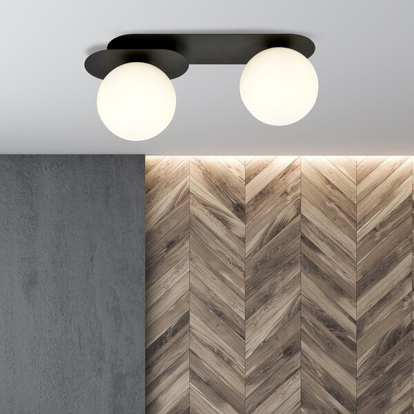 Plafoniera Minimal 2 Luci Patroclus In Acciaio Nero E Sfere Vetro Opale