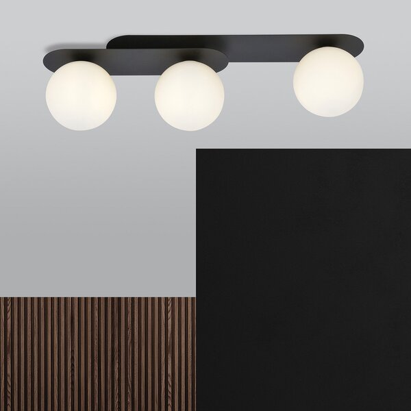 Plafoniera Minimal 3 Luci Patroclus In Acciaio Nero E Sfere Vetro Opale