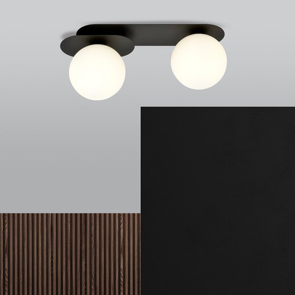 Plafoniera Minimal 2 Luci Patroclus In Acciaio Nero E Sfere Vetro Opale
